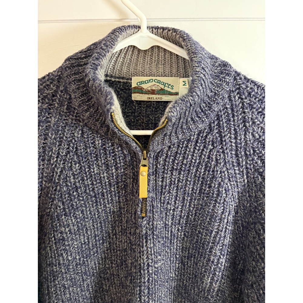 Aran Crafts Sweater Ireland Blue Merino Wool Men M 1/4 Zip Heritage Fisherman - Picture 3 of 8